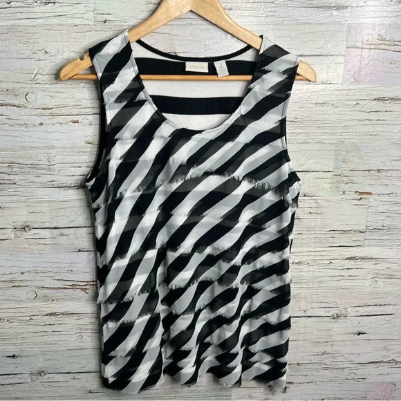 Chicos size 2 black white striped tank top blouse ruffle size large - Picture 1 of 9
